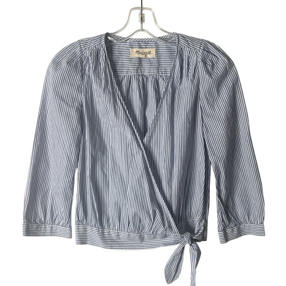 MADEWELL Indigo Blue + White Stripe Wrap-Front 3/4 Length Sleeve Blouse Size XXS - Picture 2 of 8